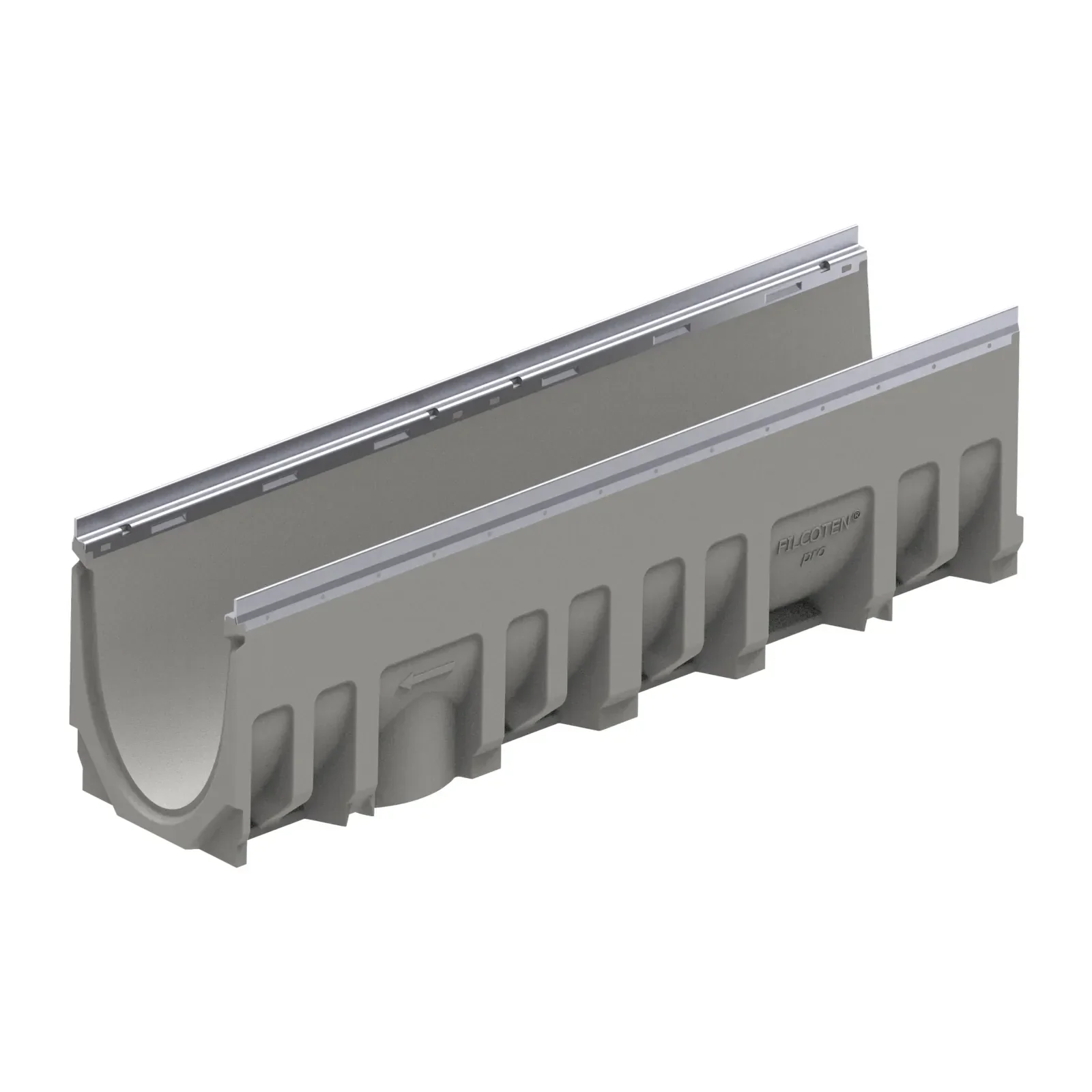 BG-FILCOTEN® pro V 200 Trench Drain with Galvanized Steel Rails, 10.83 in. to 11.02 in. Invert Depth, 8.74 in. Wide X 39.37 in. Long X 12.01 in. Deep, Sloped Channel 8