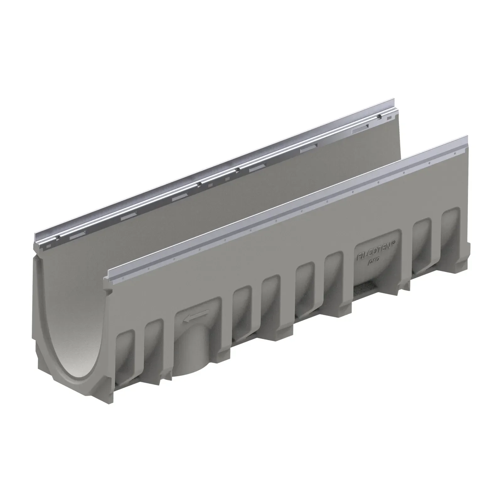BG-FILCOTEN® pro V 200 Trench Drain with Galvanized Steel Rails, 11.42 in. to 11.61 in. Invert Depth, 8.74 in. Wide X 39.37 in. Long X 12.60 in. Deep, Sloped Channel 11