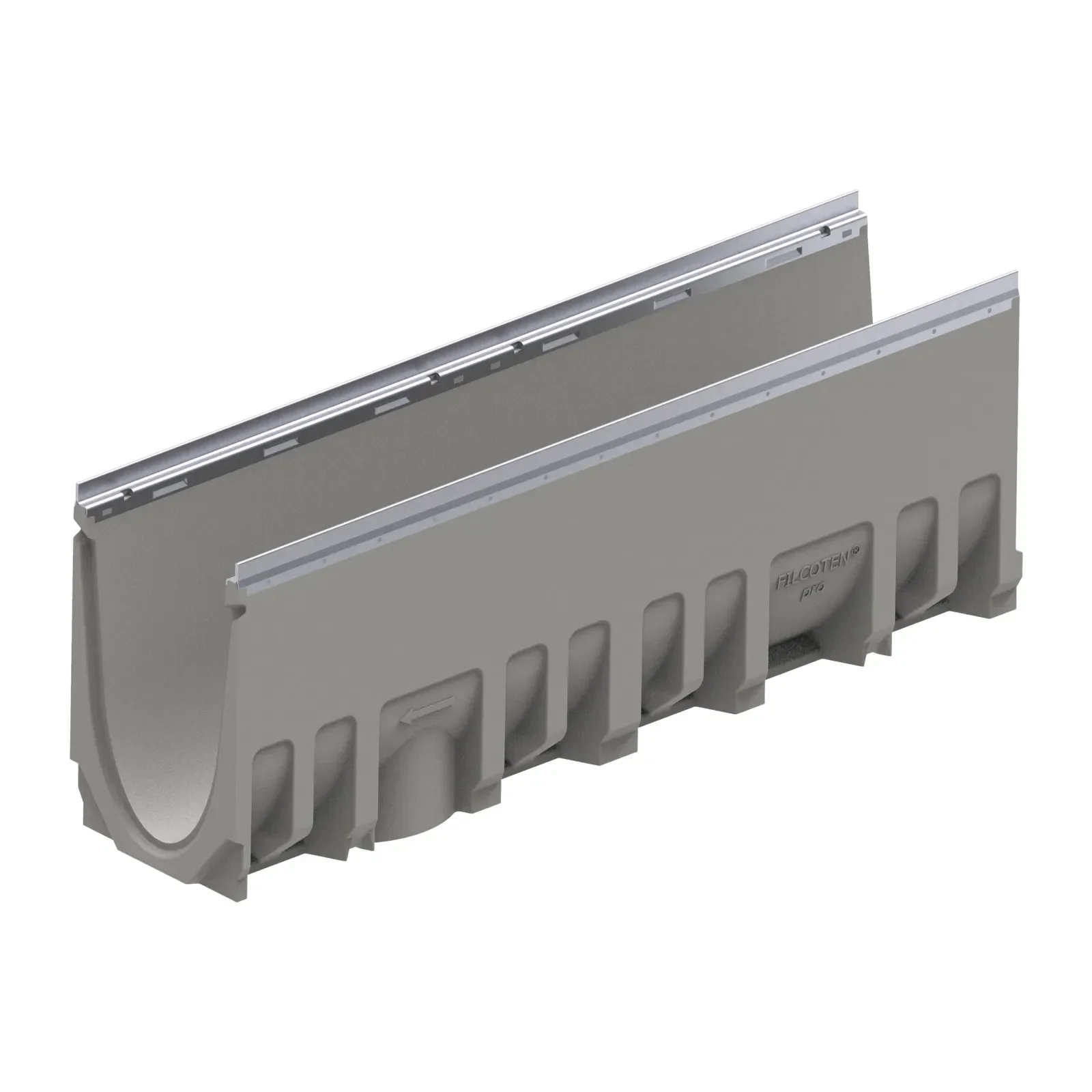 BG-FILCOTEN® pro V 200 Trench Drain with Galvanized Steel Rails, 12.99 in. to 13.19 in. Invert Depth, 8.74 in. Wide X 39.37 in. Long X 14.17 in. Deep, Sloped Channel 19