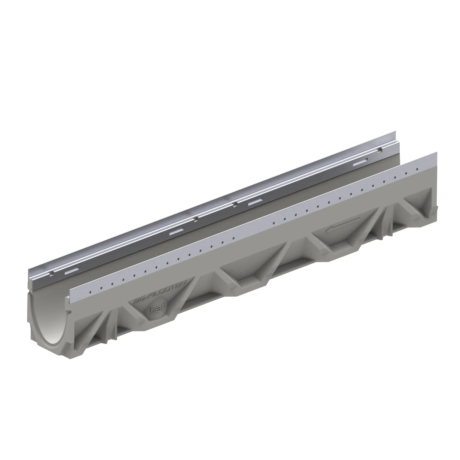 BG-FILCOTEN® tec E 100 Trench Drain with Stainless Steel Rails, 6.50 in. to 6.69 in. Invert Depth, 4.84 in. Wide X 39.37 in. Long X 7.28 in. Deep, Sloped Channel 10