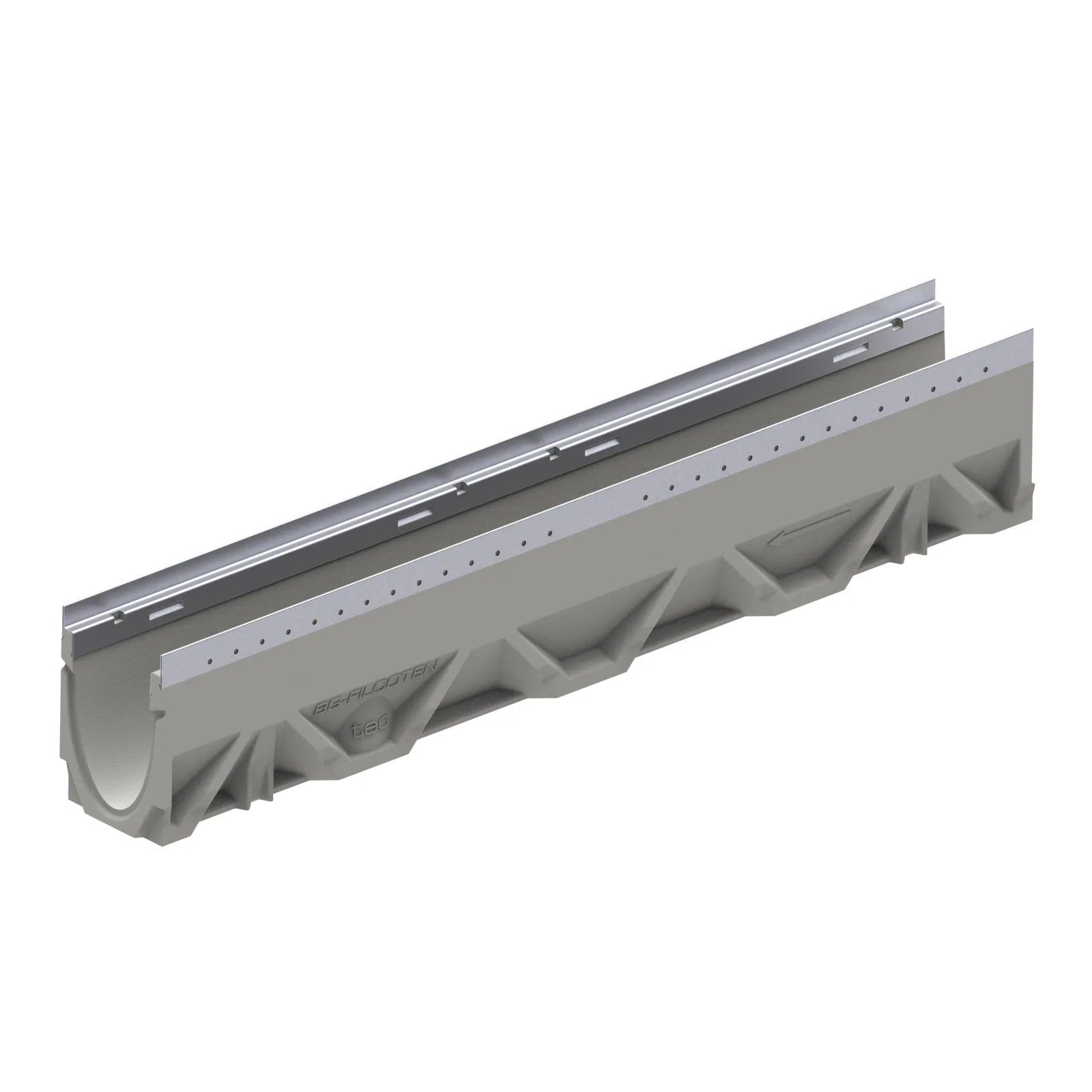 BG-FILCOTEN® tec E 100 Trench Drain with Stainless Steel Rails, 7.09 in. to 7.28 in. Invert Depth, 4.84 in. Wide X 39.37 in. Long X 8.27 in. Deep, Sloped Channel 13