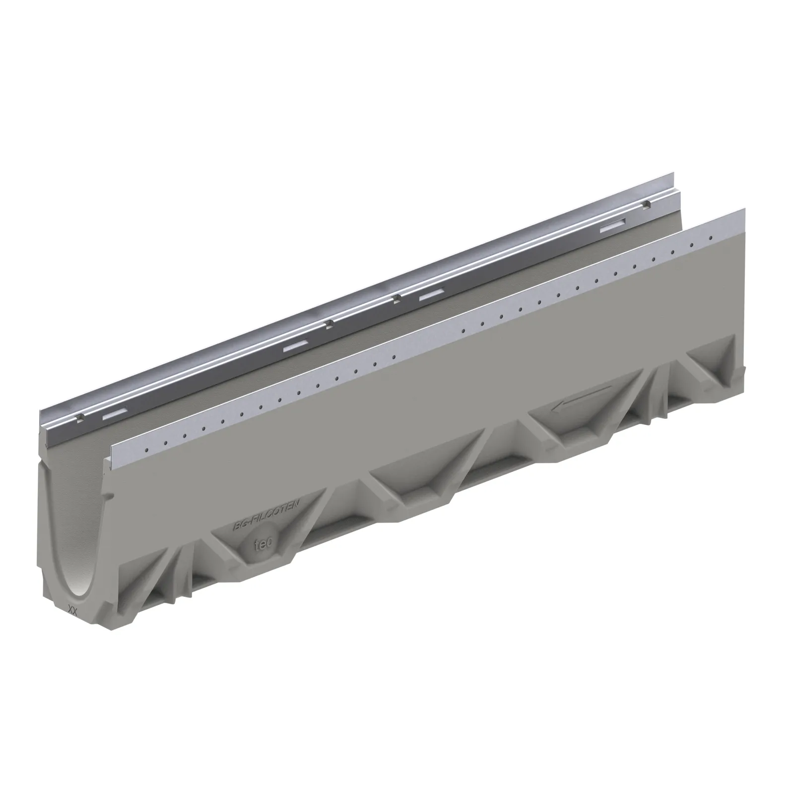 BG-FILCOTEN® tec E 100 Trench Drain with Stainless Steel Rails, 8.07 in. to 8.27 in. Invert Depth, 4.84 in. Wide X 39.37 in. Long X 9.25 in. Deep, Sloped Channel 18